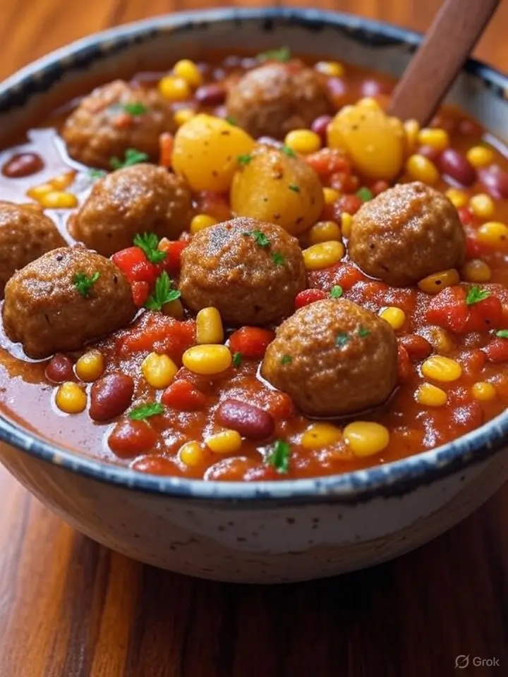 Herzhafter Hackbällchen-Eintopf mit Paprika, Mais und Kidneybohnen: Eine vollwertige Mahlzeit für die ganze Familie