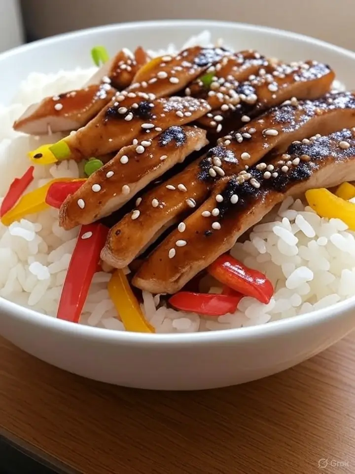 Zarte Hähnchenbrust in asiatischer Marinade mit Paprika und Frühlingszwiebeln