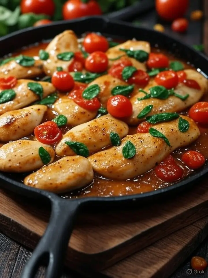 A sizzling cast iron skillet filled with juicy, golden-brown sliced chicken breasts, seared to perfection. The chicken is nestled in a rich, creamy tomato and garlic sauce, infused with herbs and spices. Bright red cherry tomatoes and fresh spinach leaves add a pop of color and texture. The skillet sits on a rustic wooden board, surrounded by fresh tomatoes and greens in the background. The lighting is warm and natural, highlighting the gloss of the sauce and the crispy seared edges of the chicken.