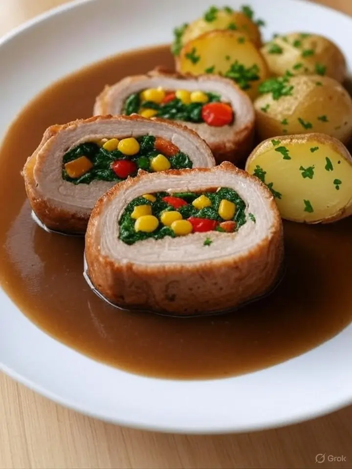 Gefüllter Schweine-Lungenbraten mit Bratkartoffeln und Blauschimmelkäse