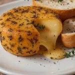 A gourmet-style plate featuring a whole baked Camembert cheese, infused and crusted with dried Provence herbs such as thyme, rosemary, oregano, and savory. The cheese is cut slightly open, revealing creamy, gooey melted cheese oozing onto the white plate. A fresh sprig of thyme rests on top. Served elegantly with two slices of golden toasted garlic baguette on the side. The presentation is minimalistic on a clean white plate, with natural lighting highlighting the textures and melted interior of the cheese. Rustic and elegant ambiance.
