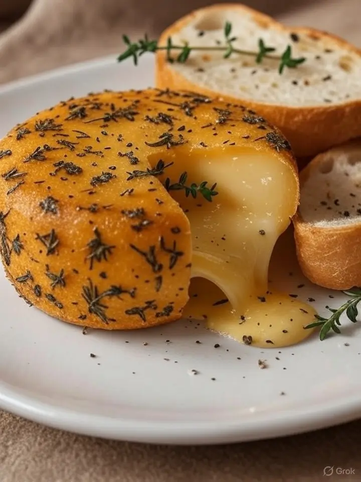 A gourmet-style plate featuring a whole baked Camembert cheese, infused and crusted with dried Provence herbs such as thyme, rosemary, oregano, and savory. The cheese is cut slightly open, revealing creamy, gooey melted cheese oozing onto the white plate. A fresh sprig of thyme rests on top. Served elegantly with two slices of golden toasted garlic baguette on the side. The presentation is minimalistic on a clean white plate, with natural lighting highlighting the textures and melted interior of the cheese. Rustic and elegant ambiance.