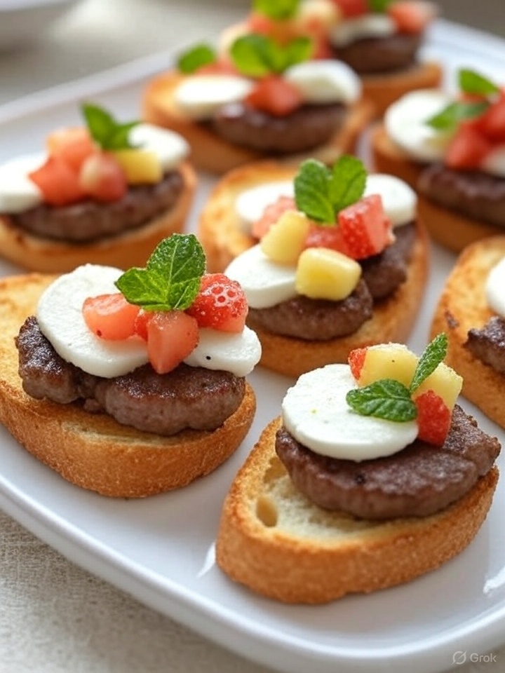 Süß-herzhaftes Bruschetta-Frühstück mit Bratwurst, Früchten und Mozzarella – eine kreative Brunch-Idee