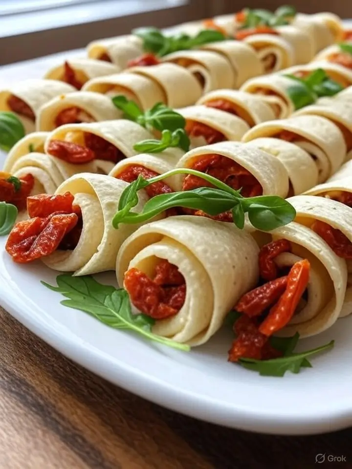 Vegetarische Wrap-Röllchen mit Rucola und Tomaten