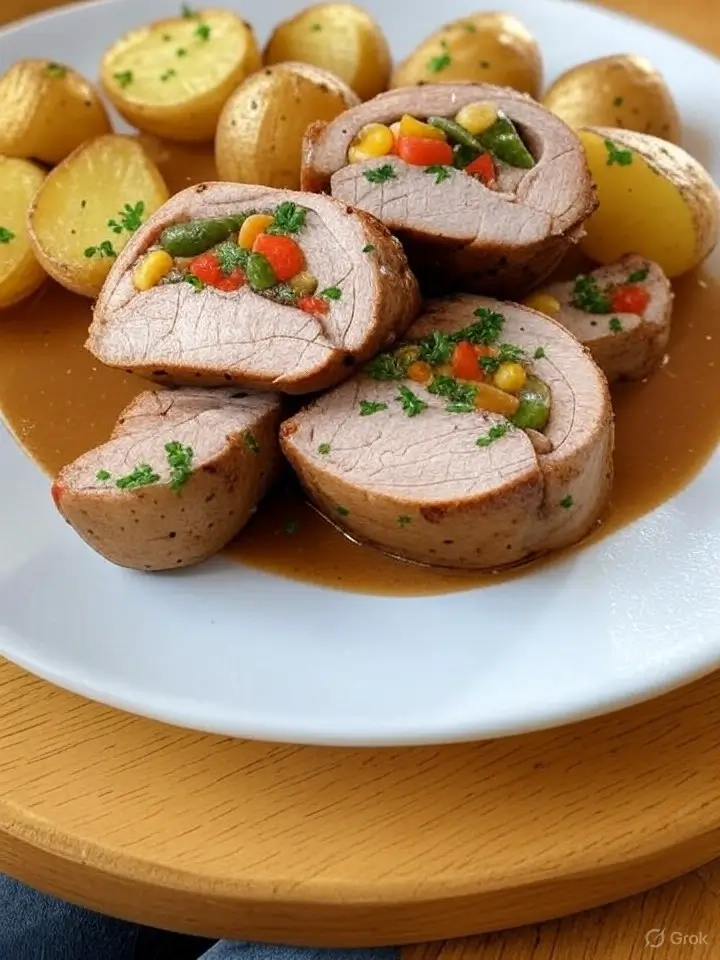 Köstliche Schweinerouladen mit Gemüsefüllung und Petersilienkartoffeln