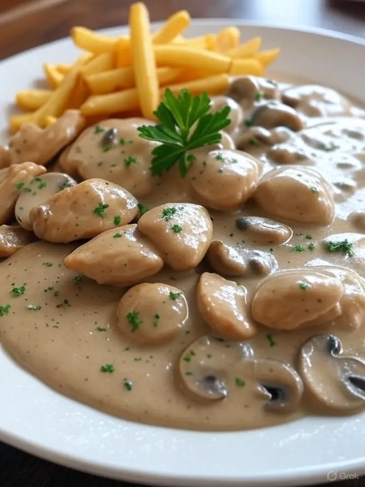 Cremiges Hähnchengeschnetzeltes mit Champignonrahm und goldbraunen Pommes