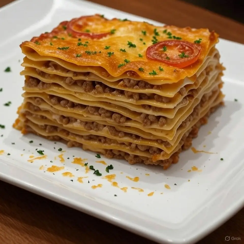 Herzhafte Tomaten-Schinken-Lasagne mit cremiger Béchamelsauce und goldener Käseschicht